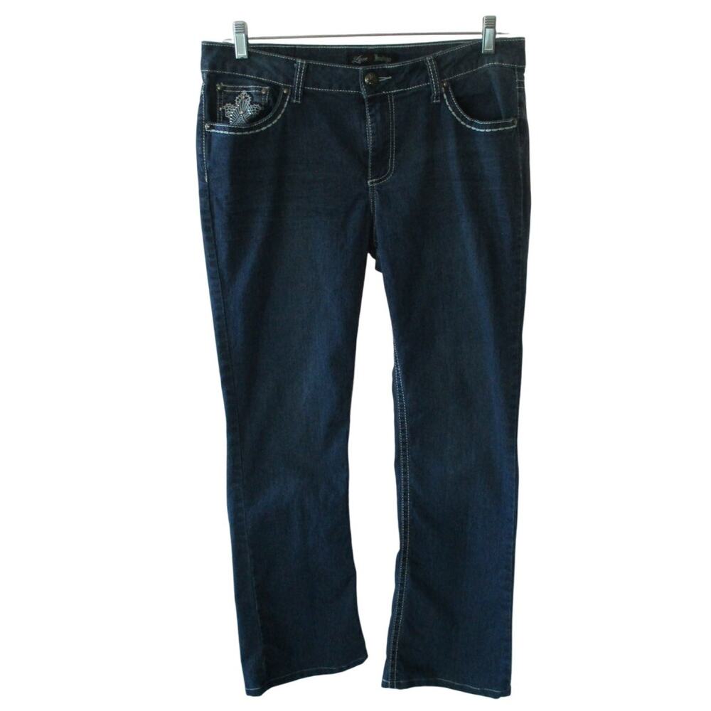 Love Indigo Women's Mid Rise Dark Wash Stretch Embroidered Beaded Blue Jeans 14
